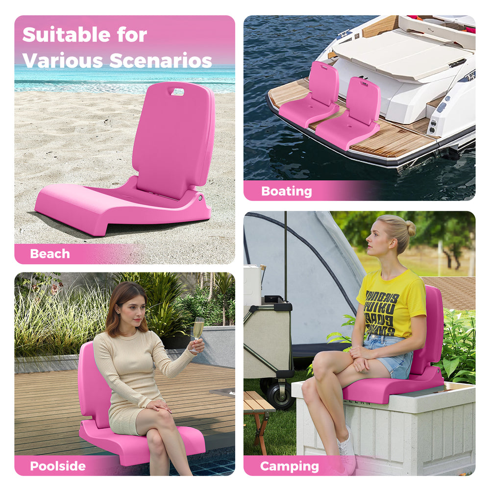 Foldable outdoor pool chair in pink with back support, ideal for beach, boating, camping, and poolside relaxation.