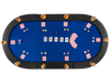 Portable 84 x 42 inch blue poker table top for 10 players with padded armrests and cup holders, ideal for game nights.