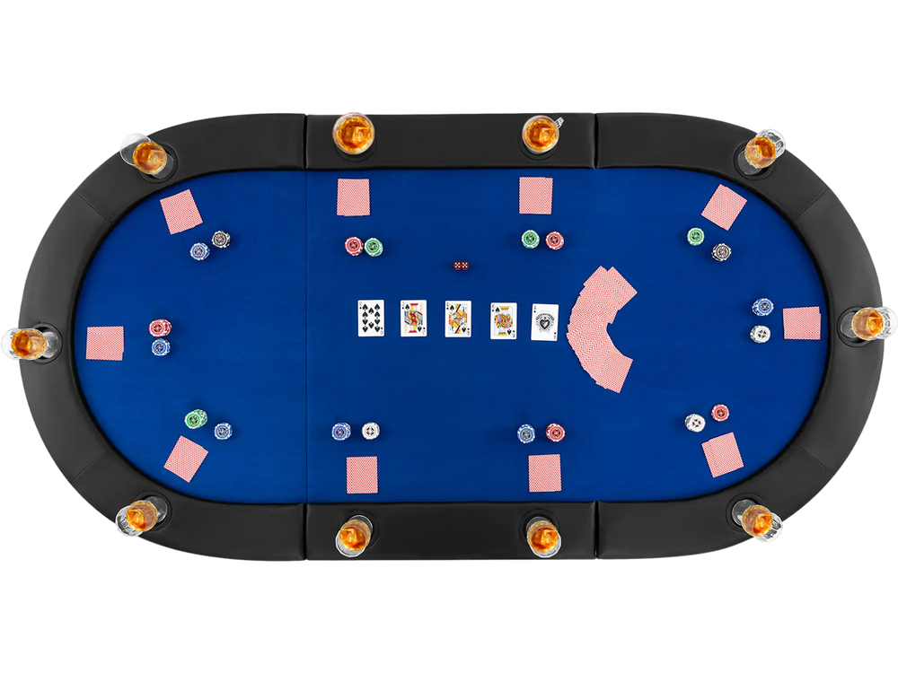 Portable 84 x 42 inch blue poker table top for 10 players with padded armrests and cup holders, ideal for game nights.