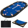 Portable 84 x 42 inch foldable poker table top in blue with 10 cup holders and cushioned armrests for comfortable.