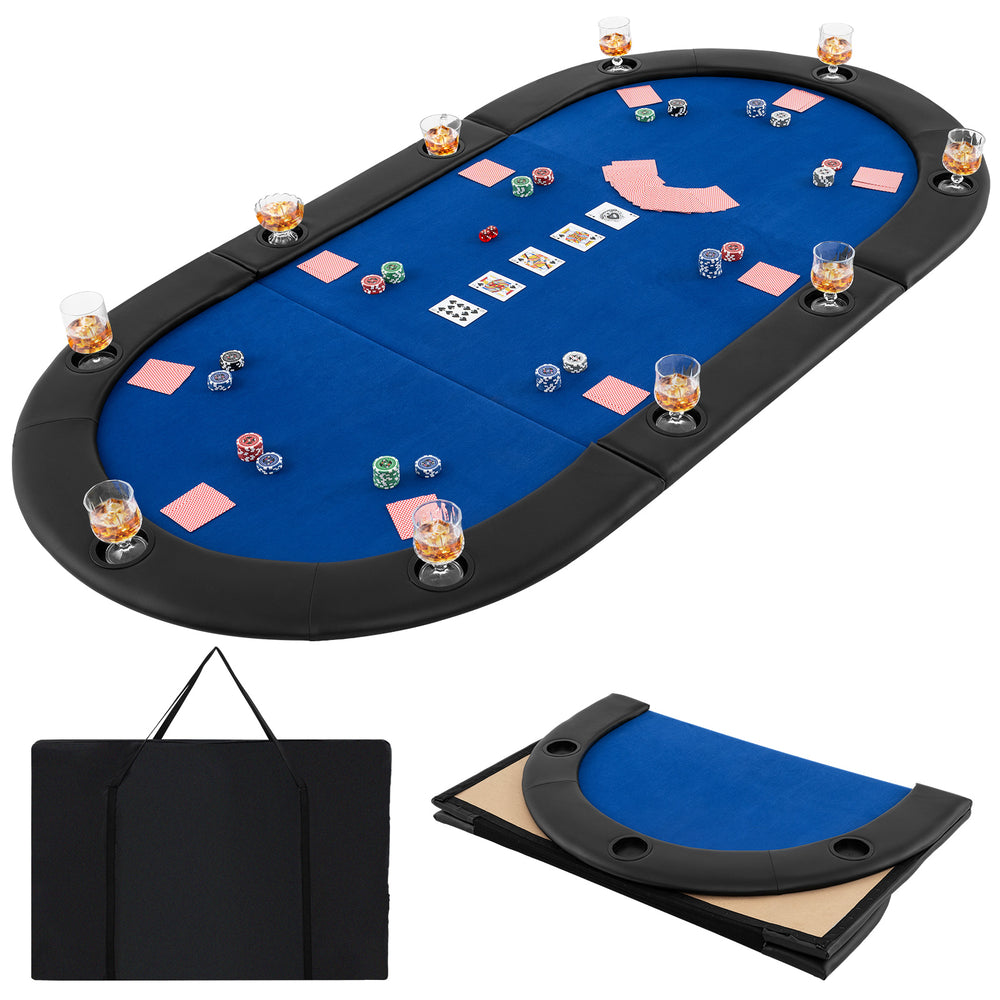 Portable 84 x 42 inch foldable poker table top in blue with 10 cup holders and cushioned armrests for comfortable.