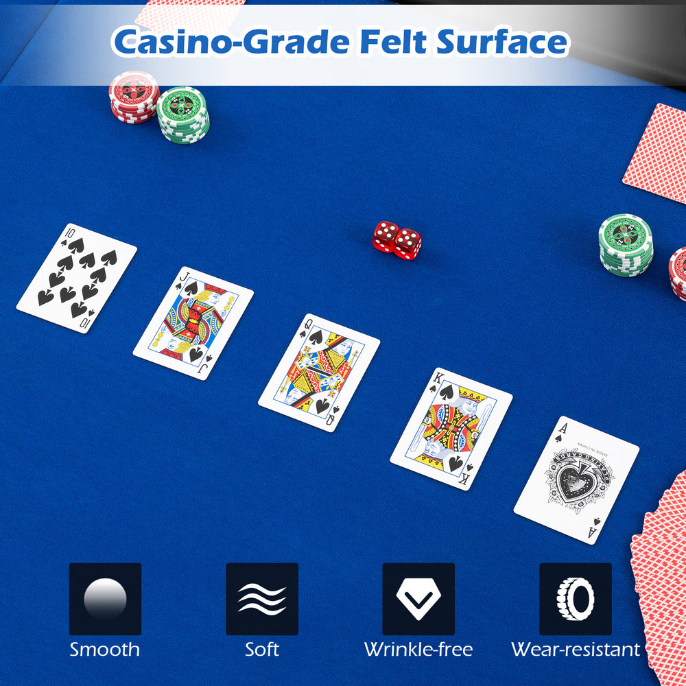 Portable 84 x 42 inch poker table top with casino-grade blue felt surface, ideal for 10 players and easy transport.