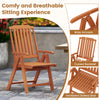Foldable brown patio chair with wide armrests and slatted seat, crafted from weatherproof HDPE for outdoor use.