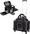 Foldable pet carrier with wheels showcases a spacious interior, extra openings for easy access, and durable fabric for travel.