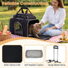 Foldable pet carrier with wheels features durable oxford cloth, breathable mesh, and a soft padded cushion for comfortable travel.