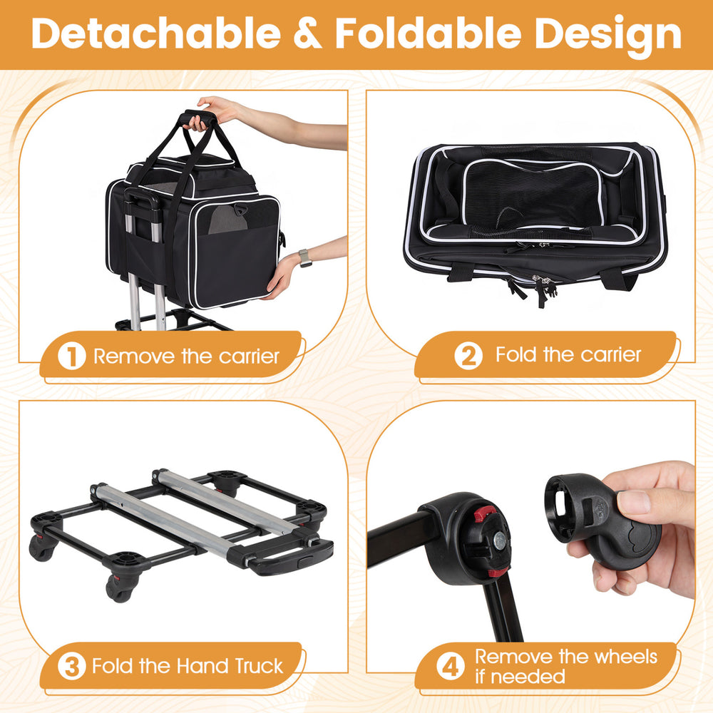 Foldable pet carrier with wheels features breathable mesh windows and a telescopic handle for easy transport and access.