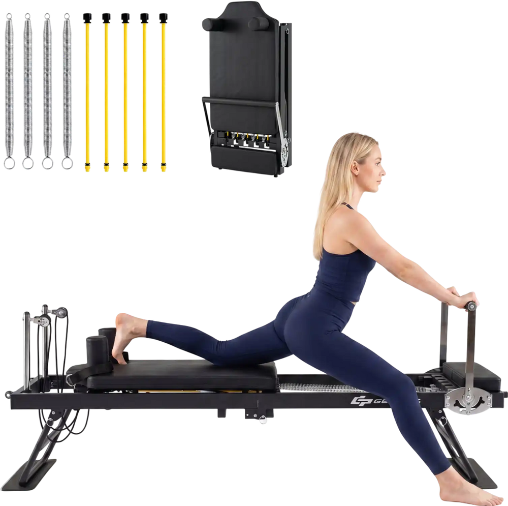 Foldable Pilates reformer machine in black, featuring a user performing an exercise, ideal for home gym workouts.