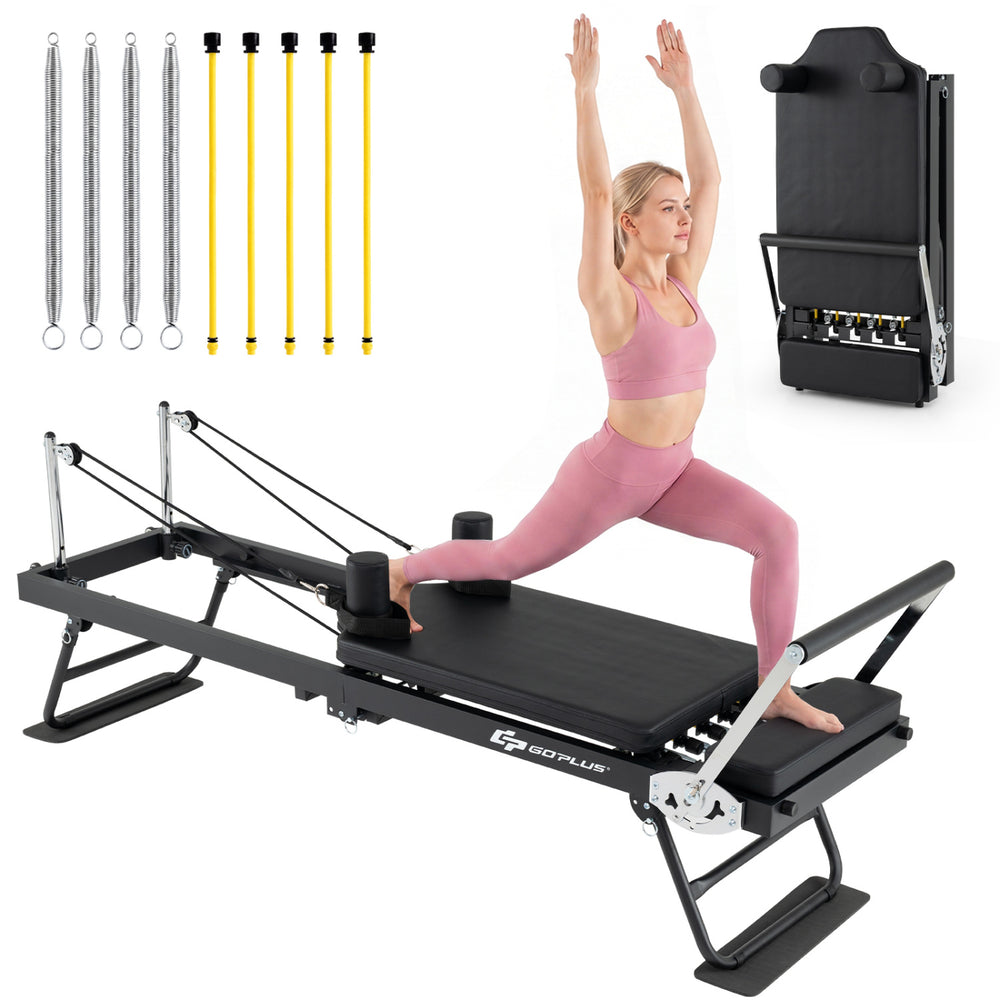 Foldable Pilates reformer machine in black with adjustable resistance, ideal for home gym workouts and fitness training.