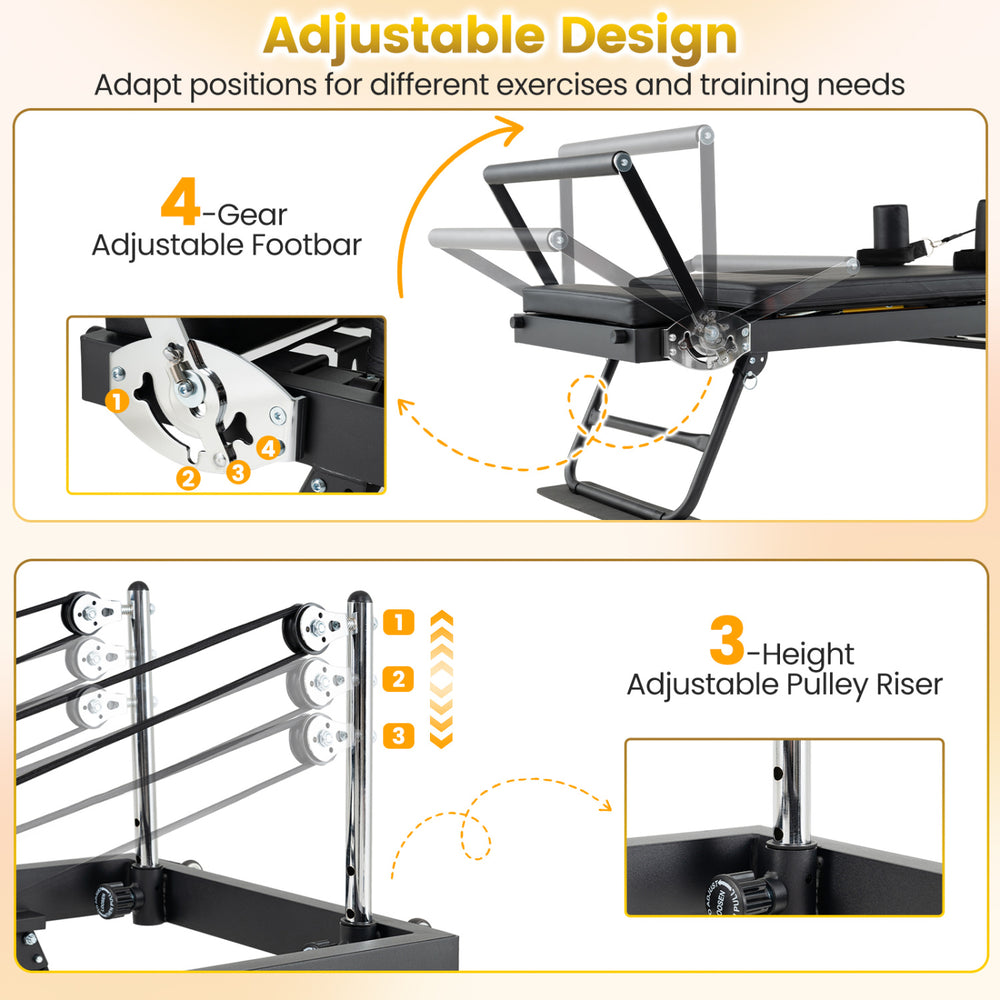 Adjustable footbar and height pulley riser on the Foldable Pilates Reformer Machine for versatile home workouts.
