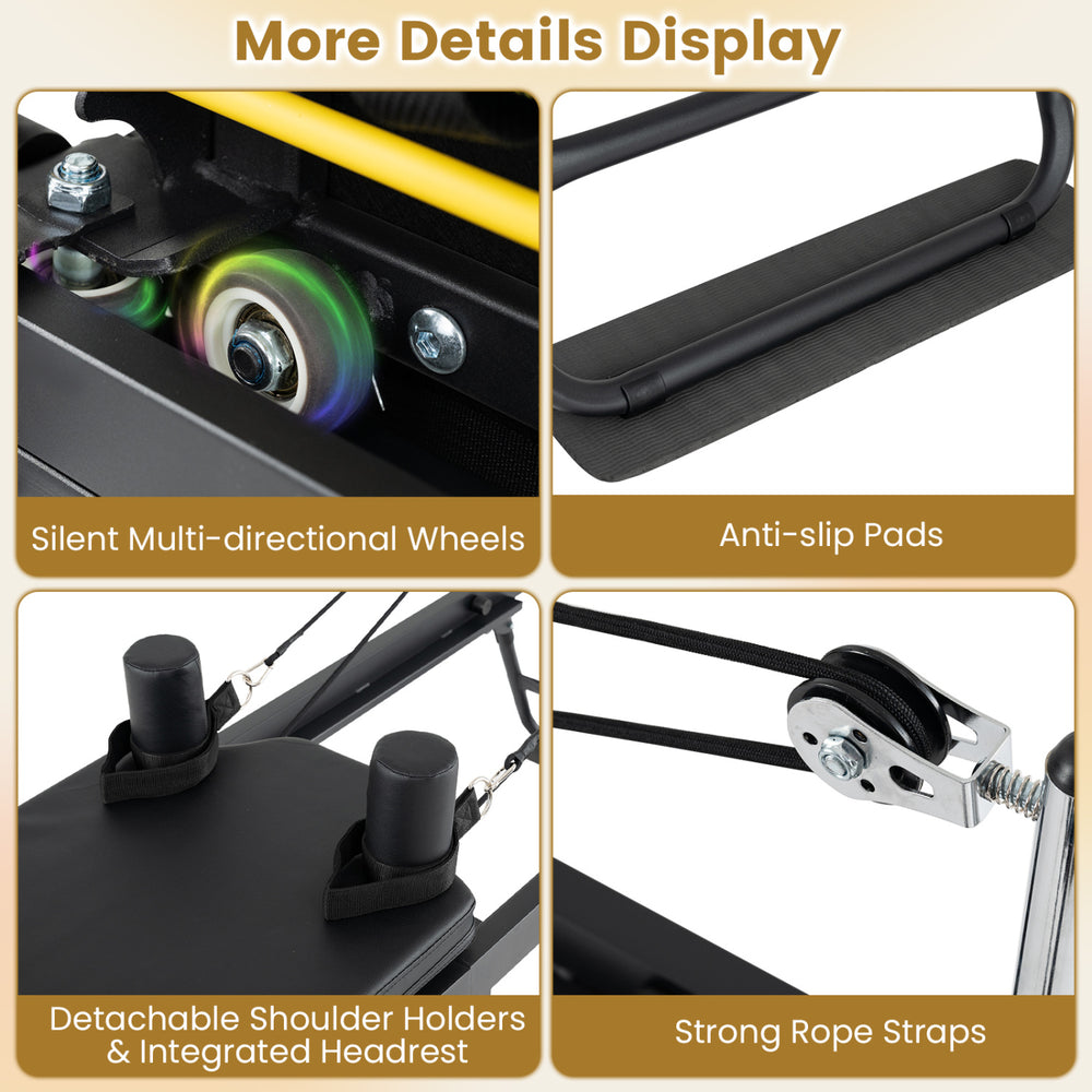 Close-up of the Foldable Pilates Reformer Machine's silent wheels, anti-slip pads, and strong rope straps for home gym.