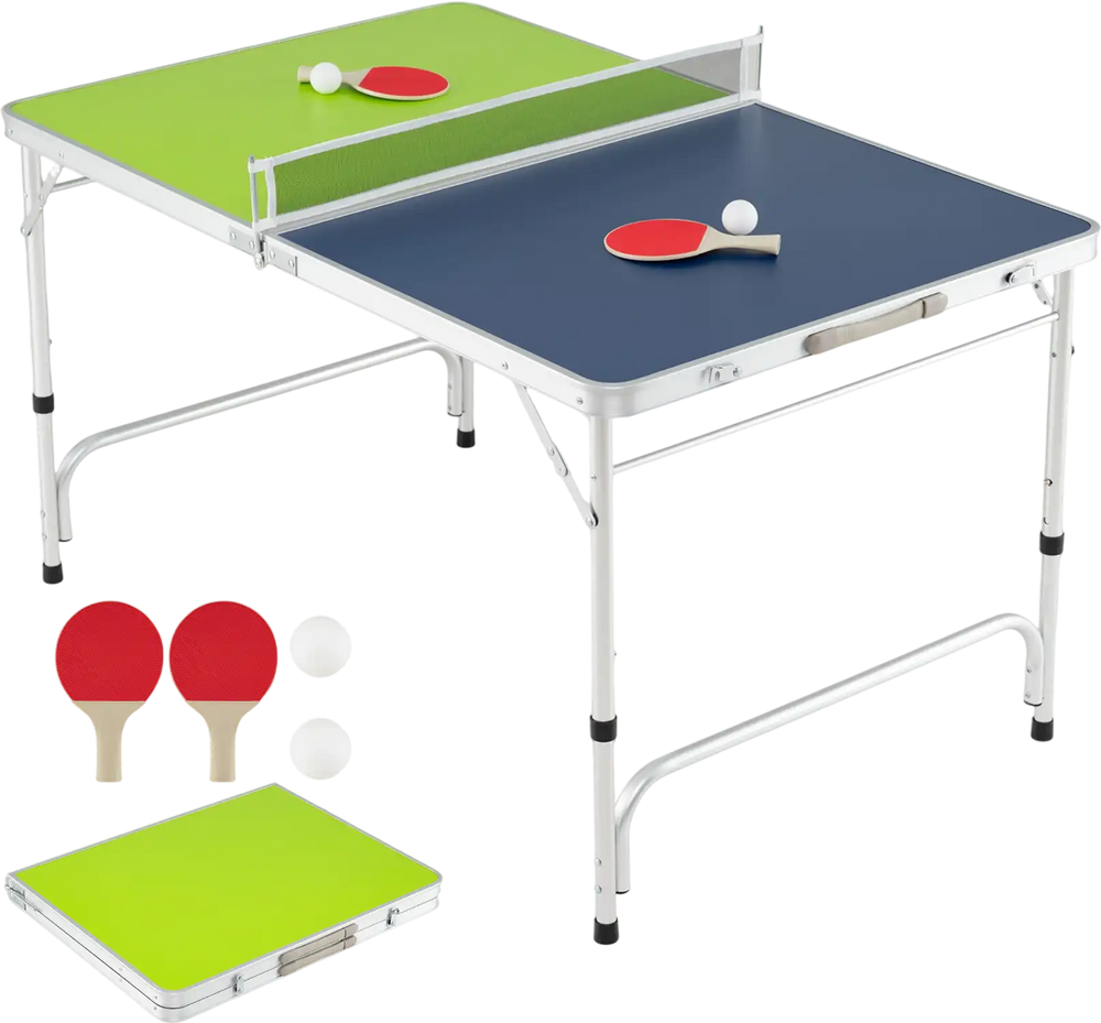 Foldable ping pong table set in blue and green with adjustable height, includes paddles and balls for indoor or outdoor.