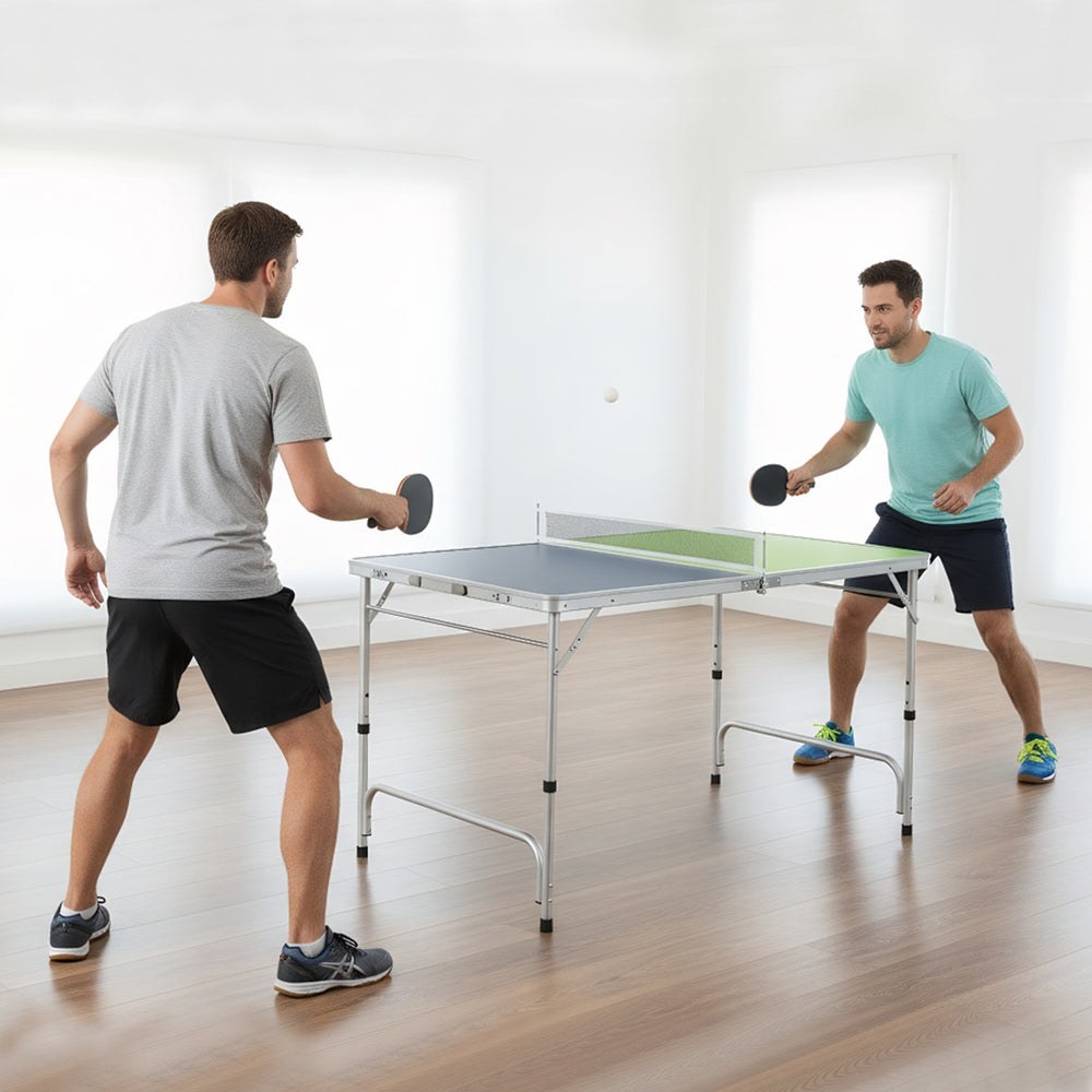 Foldable blue and green ping pong table set with adjustable height, perfect for indoor and outdoor play.