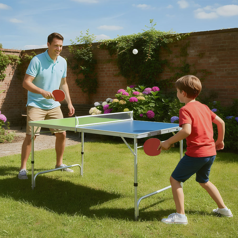 Foldable ping pong table set in blue and green, adjustable height for kids and adults, perfect for outdoor play.