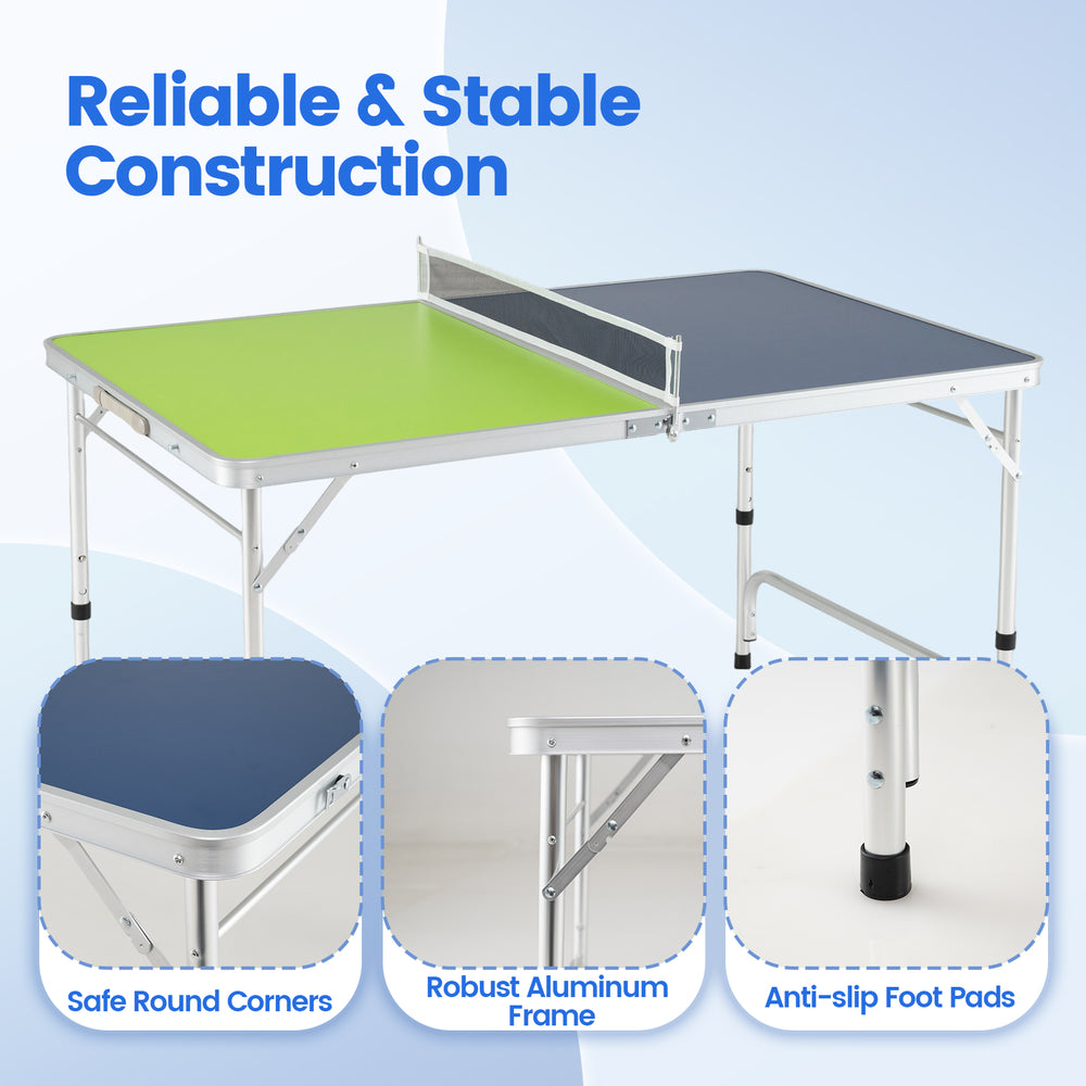 Foldable ping pong table with blue and green surfaces, adjustable height, and aluminum frame for indoor and outdoor.