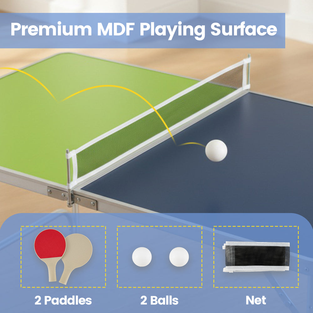 Foldable ping pong table set featuring a premium MDF playing surface, includes 2 paddles, 2 balls, and a net for.