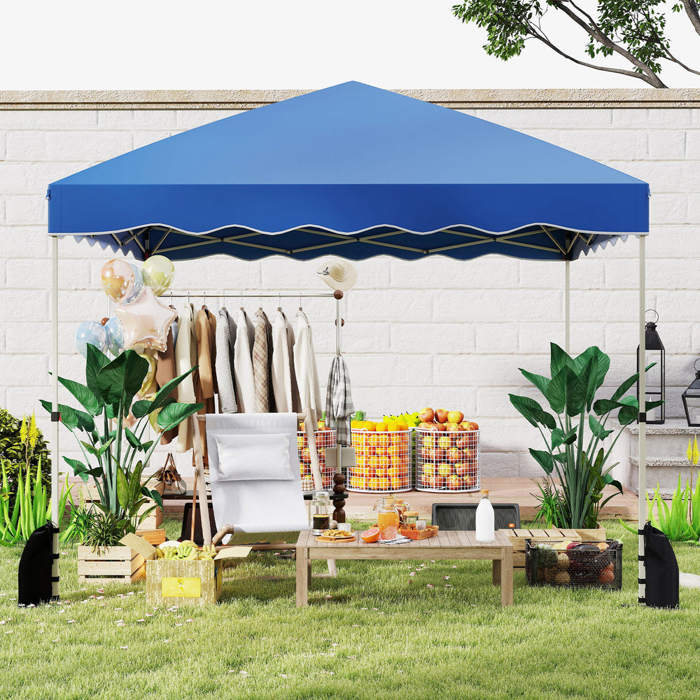 Foldable 10x10 feet blue pop-up canopy tent set up for outdoor events, featuring sturdy construction and UPF50+ sun.