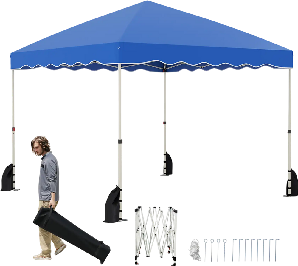 Side view of the blue foldable 10x10 feet pop-up canopy tent showcasing its sturdy frame and adjustable height feature.