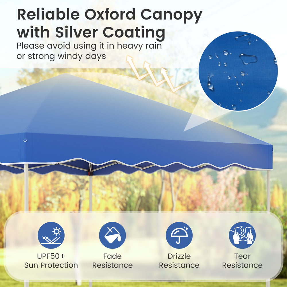 Blue oxford canopy tent with silver coating, offering UPF50+ sun protection and fade resistance, ideal for outdoor.