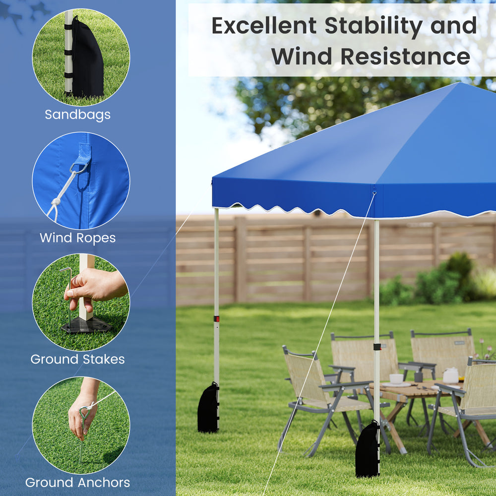 Foldable 10x10 feet blue pop-up canopy tent with wind ropes, stakes, and sandbags for excellent stability outdoors.