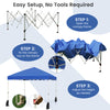 Foldable 10x10 feet blue pop-up canopy tent with easy setup steps, ideal for outdoor events and protection from the sun.