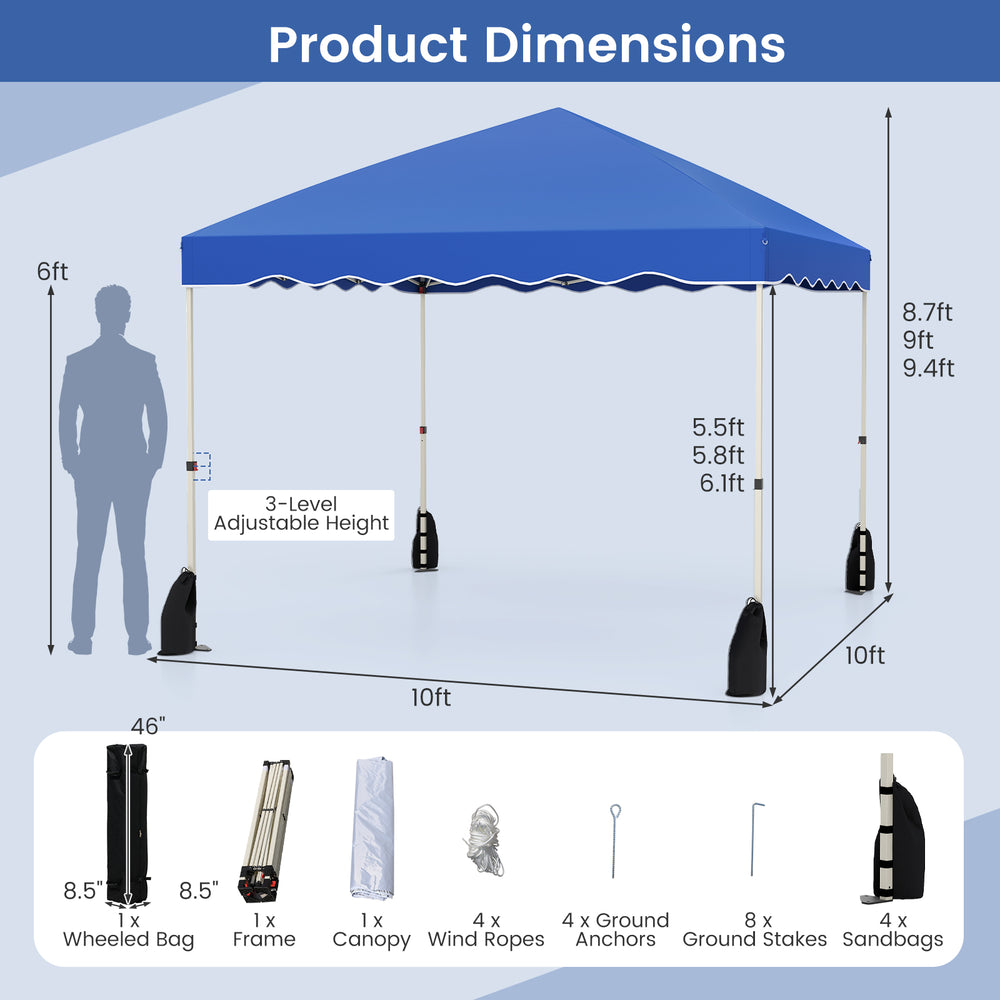 Foldable 10x10 feet blue pop-up canopy tent with adjustable height, wheeled bag, and sturdy frame for outdoor events.