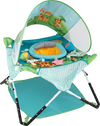 Foldable portable baby jumper in blue features a canopy, interactive toys, and adjustable height for indoor or outdoor fun.