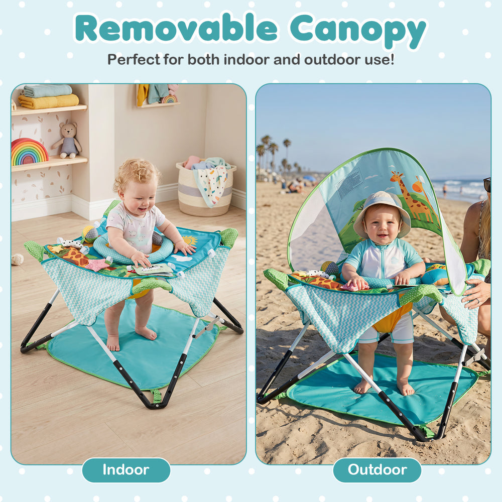Foldable portable baby jumper in blue features a removable canopy and interactive toys for indoor and outdoor fun.