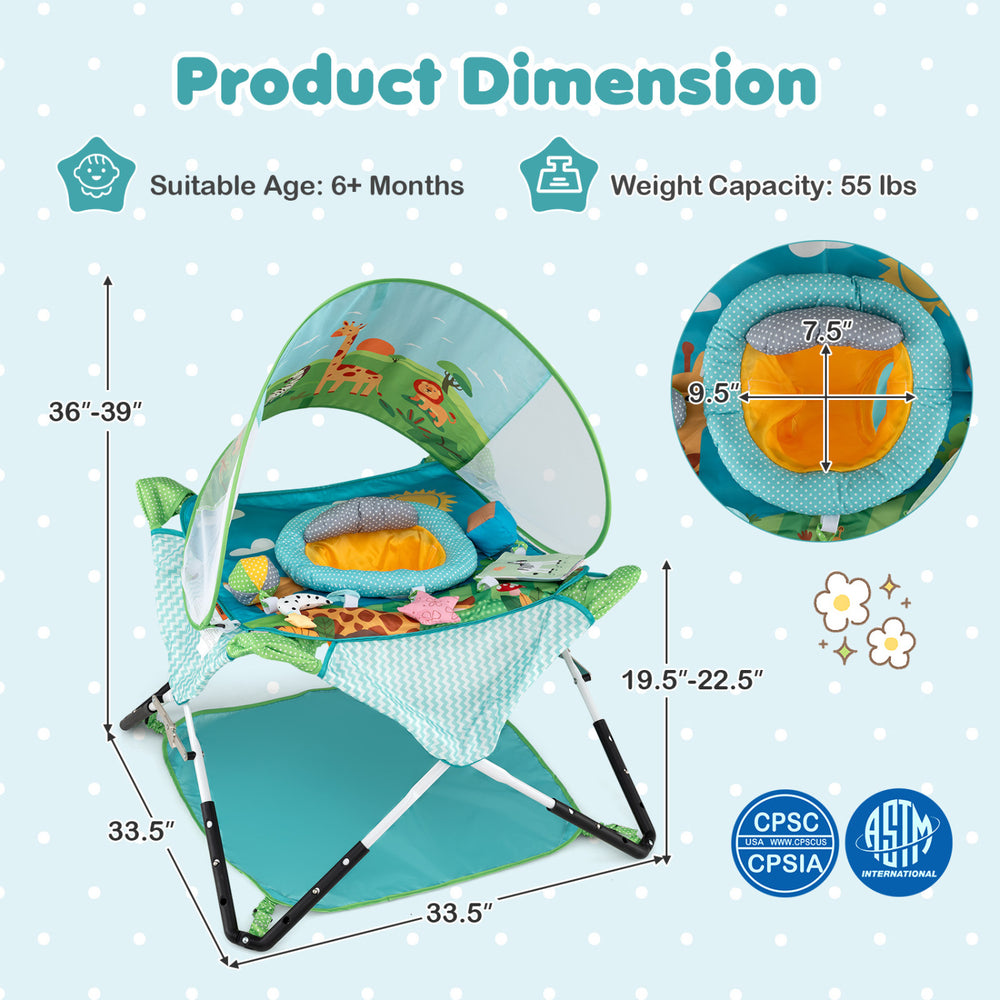 Foldable portable baby jumper in blue features a sturdy frame, removable padded seat, and interactive toys for indoor and outdoor use.