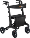 Foldable rollator walker in black with carbon fiber frame, adjustable height, and spacious seat for seniors' comfort.