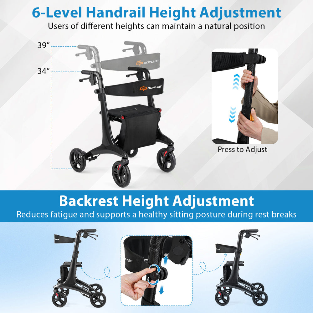 Foldable rollator walker with adjustable handrail and backrest heights, designed for seniors' comfort and stability.