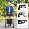 Foldable rollator walker with seat, featuring a secure brake system and adjustable handrail height for seniors.