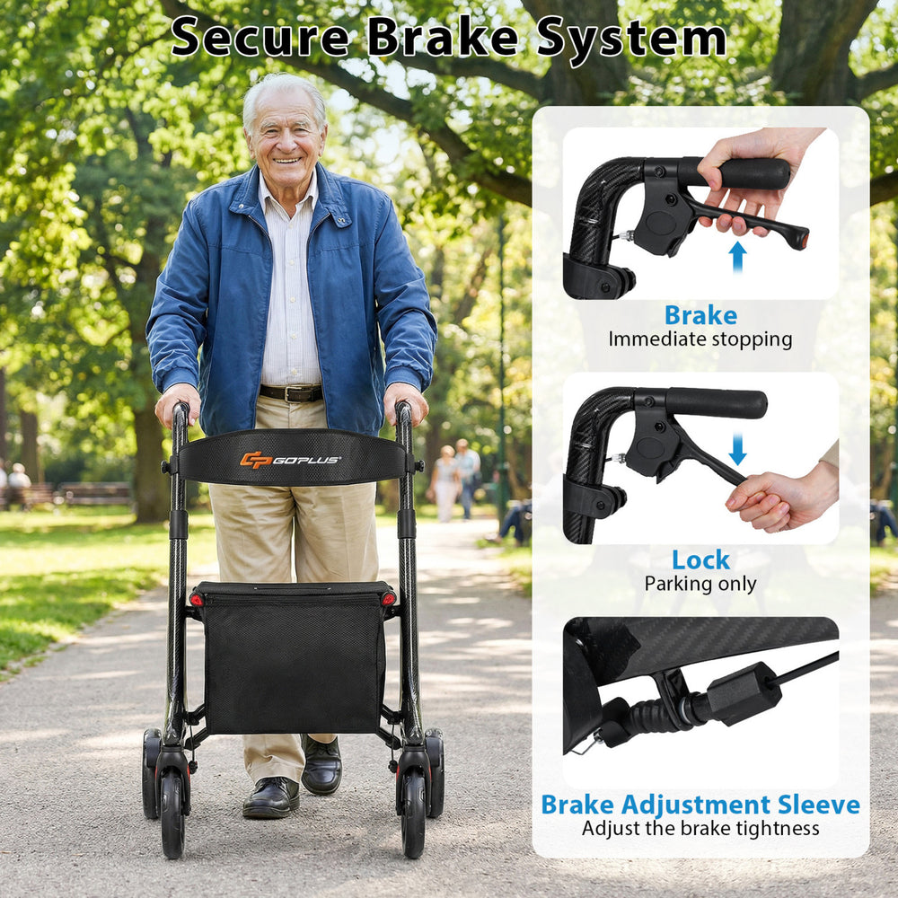 Foldable rollator walker with seat, featuring a secure brake system and adjustable handrail height for seniors.