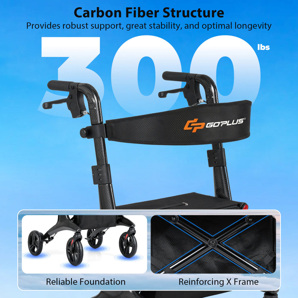 Foldable rollator walker with a carbon fiber structure, featuring a spacious seat and reliable X frame for seniors.