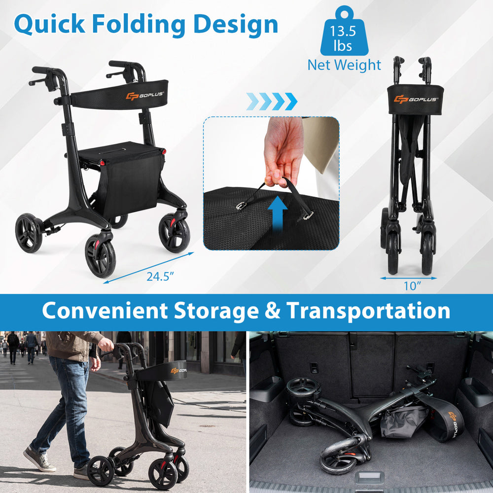 Foldable rollator walker in black with quick folding design, ideal for seniors' transportation and storage convenience.