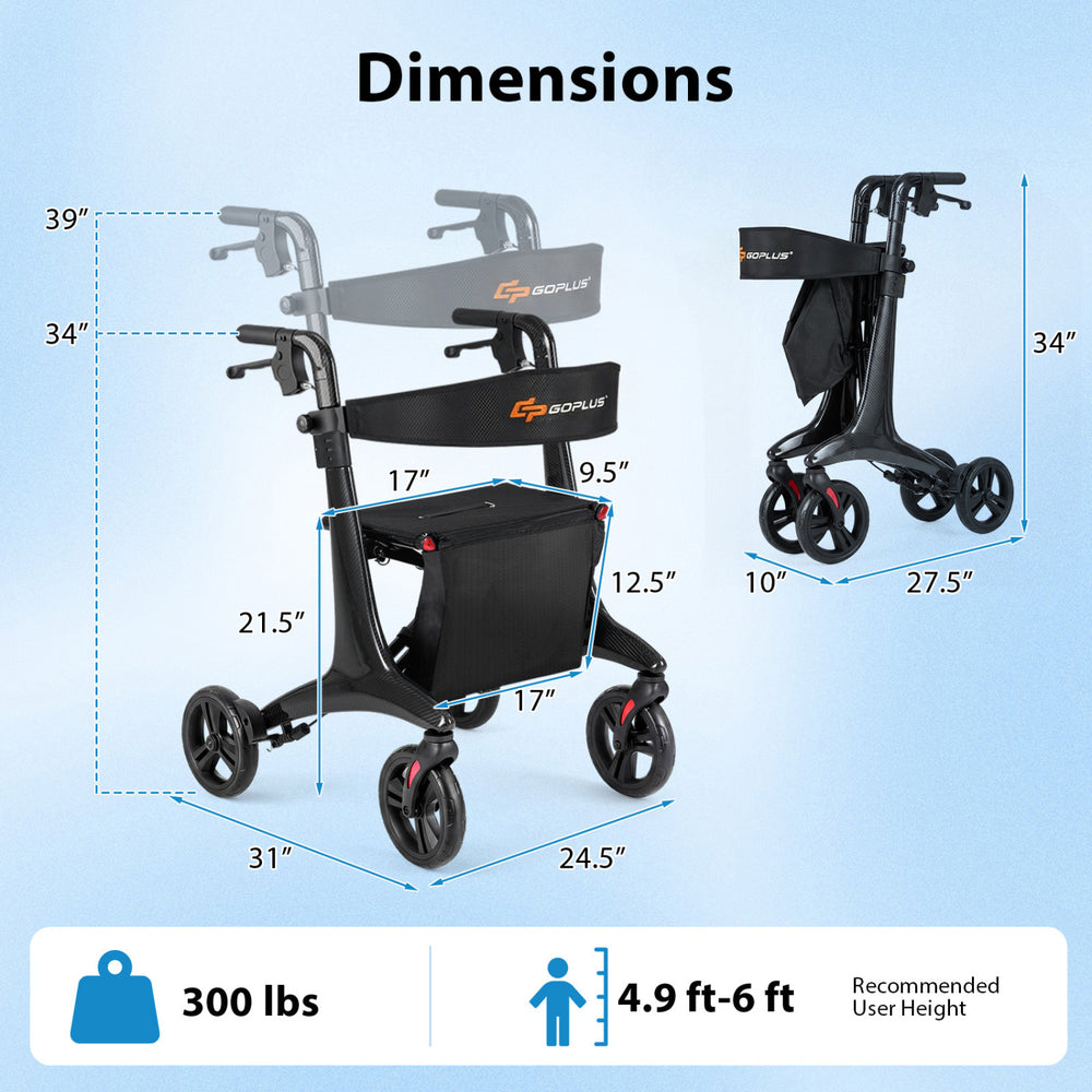Foldable rollator walker dimensions showing height and width, featuring a carbon fiber structure and spacious seat for.
