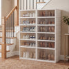 Foldable shoe rack organizer in white, 12-pair capacity, 6-tier design with see-through doors for easy access.