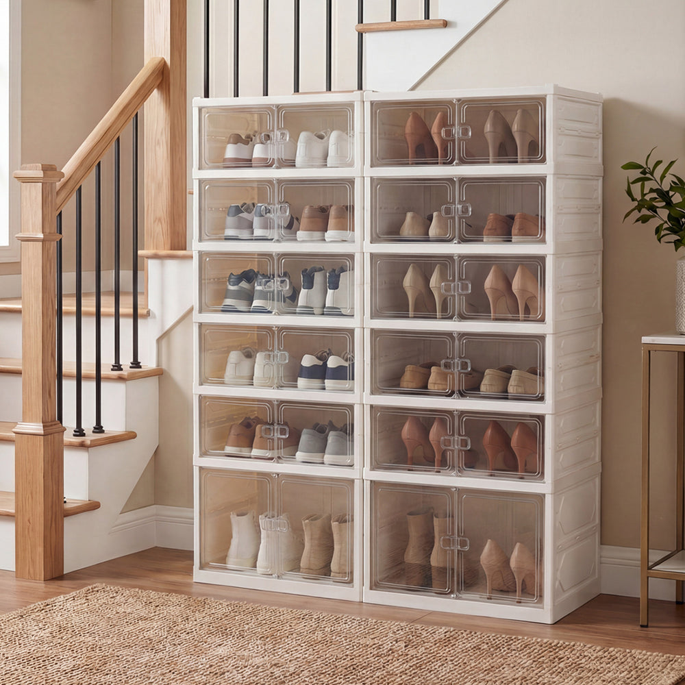 Foldable shoe rack organizer in white, 12-pair capacity, 6-tier design with see-through doors for easy access.