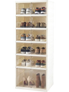 Foldable 6-tier shoe rack organizer in white, holding 12 pairs of shoes with see-through doors for easy access.