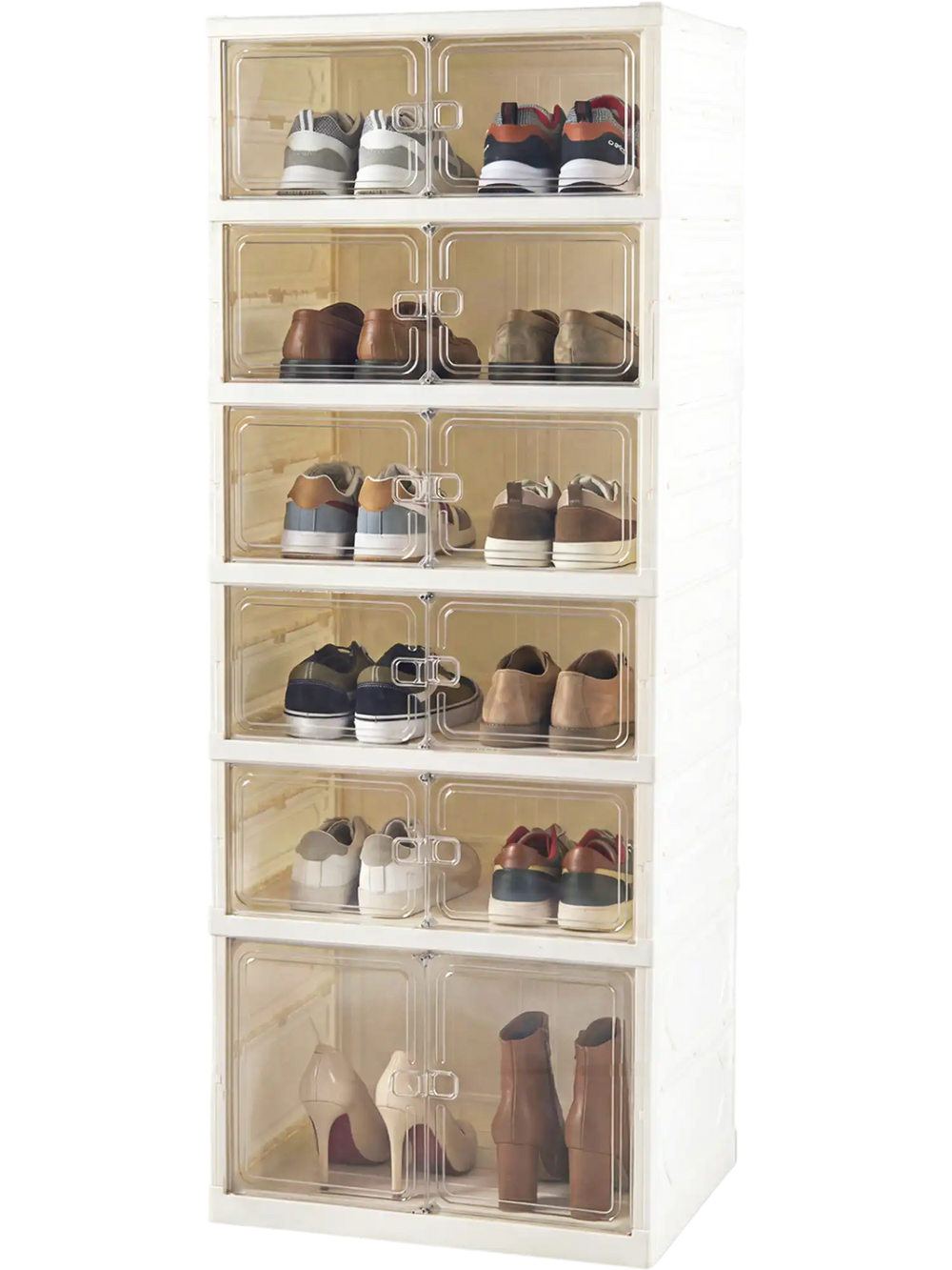 Foldable 6-tier shoe rack organizer in white, holding 12 pairs of shoes with see-through doors for easy access.