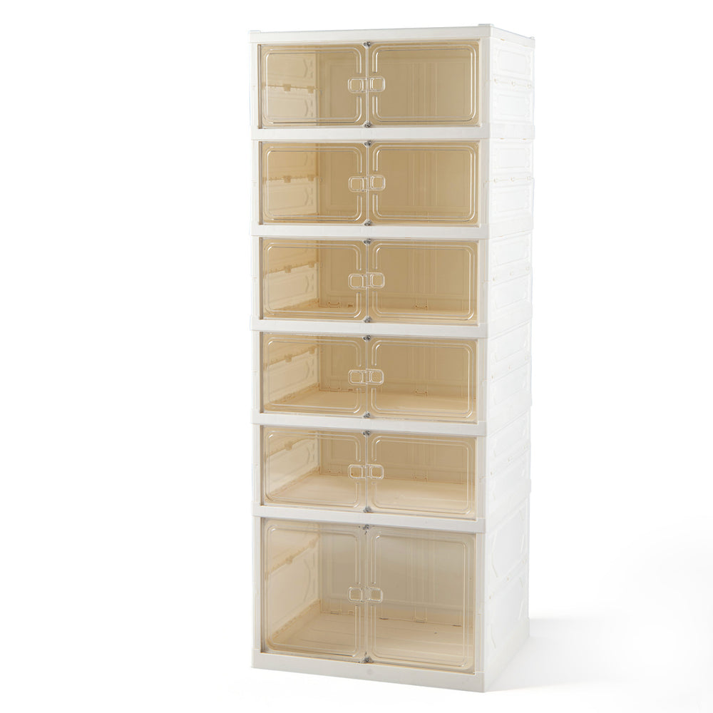 6-tier foldable shoe rack organizer in white, holding 12 pairs of shoes with see-through doors for easy access.