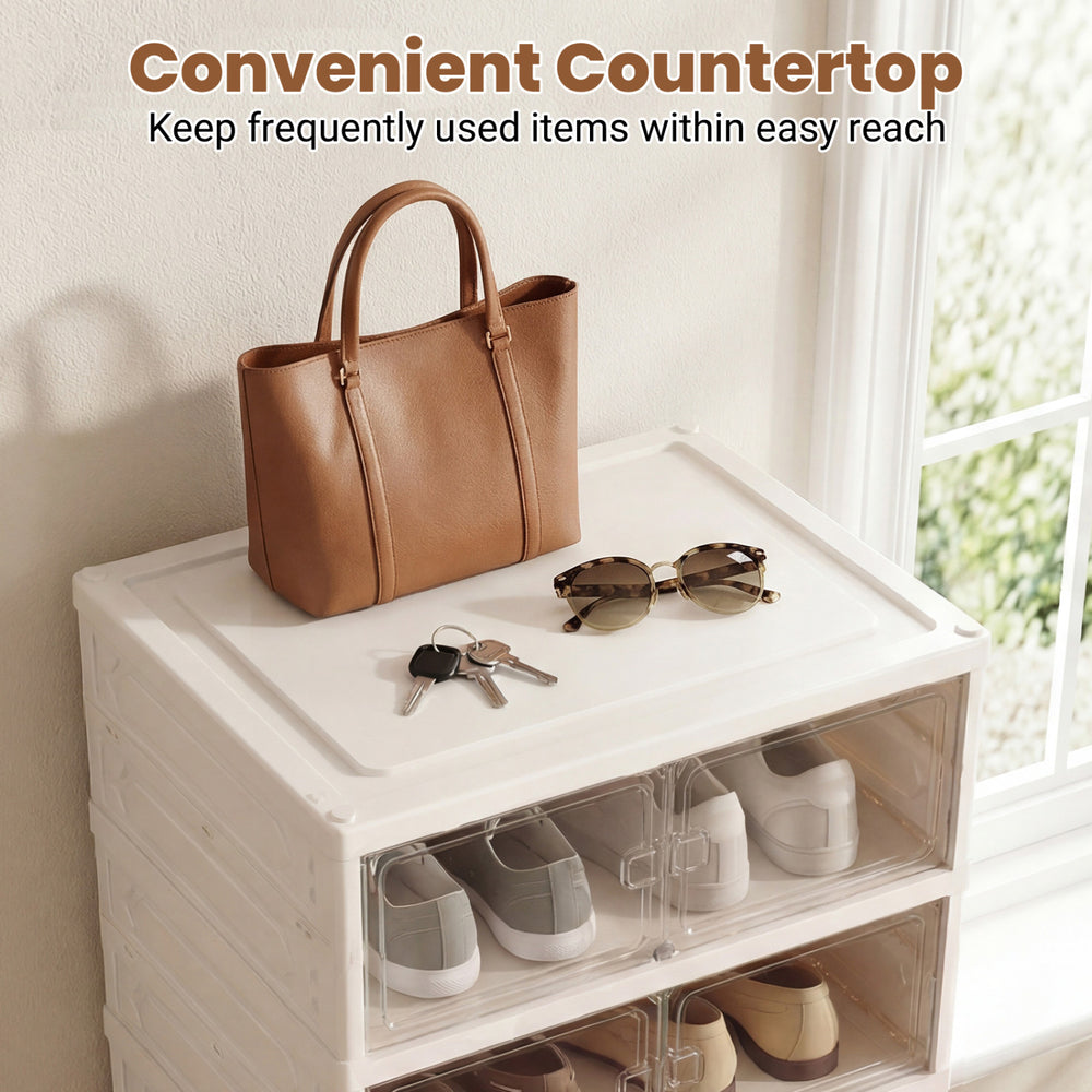 Foldable shoe rack organizer with a convenient countertop, holding a handbag and sunglasses, ideal for easy access.