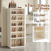 Collapsible shoe cabinet in white with 6 tiers, designed for 12 pairs, featuring a convenient countertop for easy.