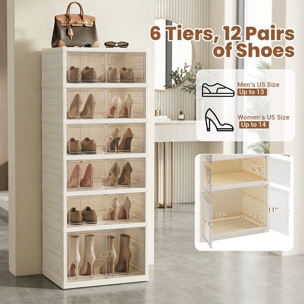 Collapsible shoe cabinet in white with 6 tiers, designed for 12 pairs, featuring a convenient countertop for easy.