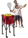 Lightweight foldable tennis ball cart in red with removable bag, holding 150 balls, ideal for teaching and easy.