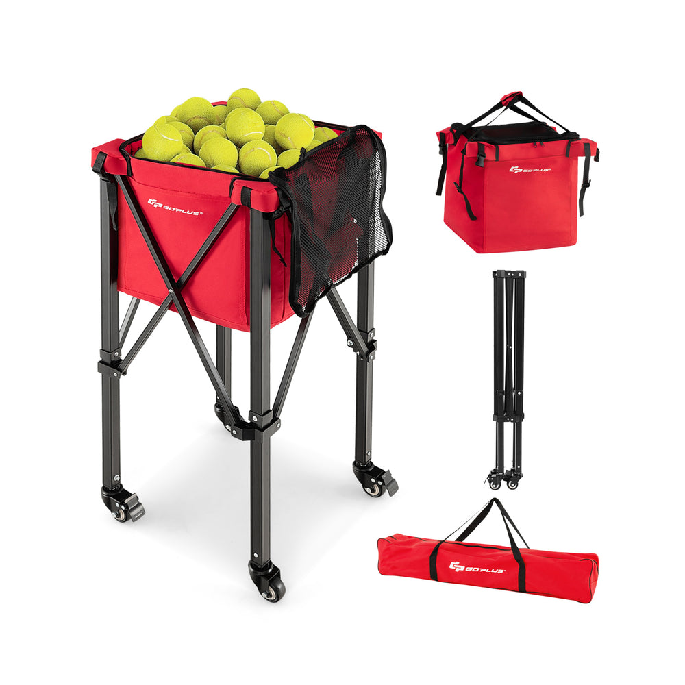 Lightweight foldable tennis ball cart in red with removable bag, holding 150 balls, featuring wheels for easy transport.