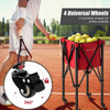 Lightweight foldable tennis ball cart in red with removable bag, 4 wheels, and 2 lockable wheels for stability.