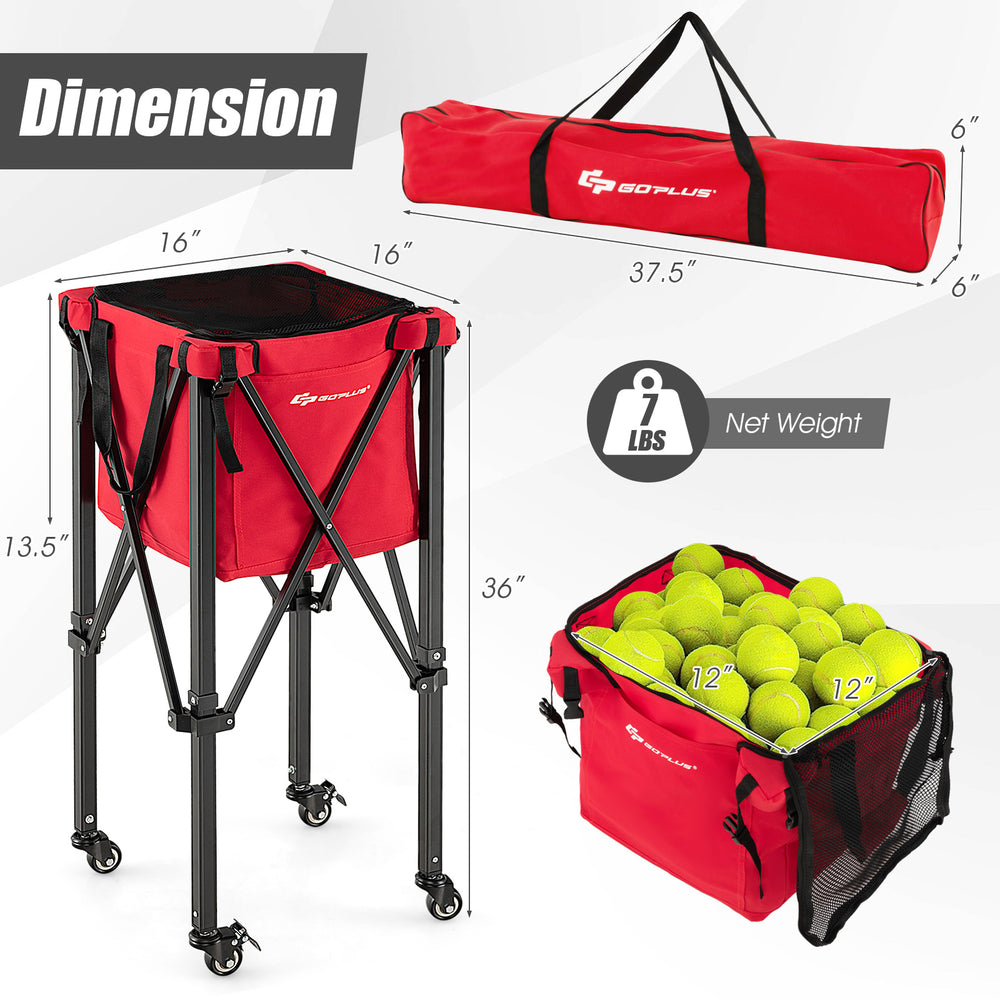 Side view of the lightweight foldable tennis ball teaching cart in red, showcasing the sturdy frame and universal.