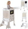 Foldable toddler step stool in white with chalkboards, designed for safe use and creative fun in the kitchen.