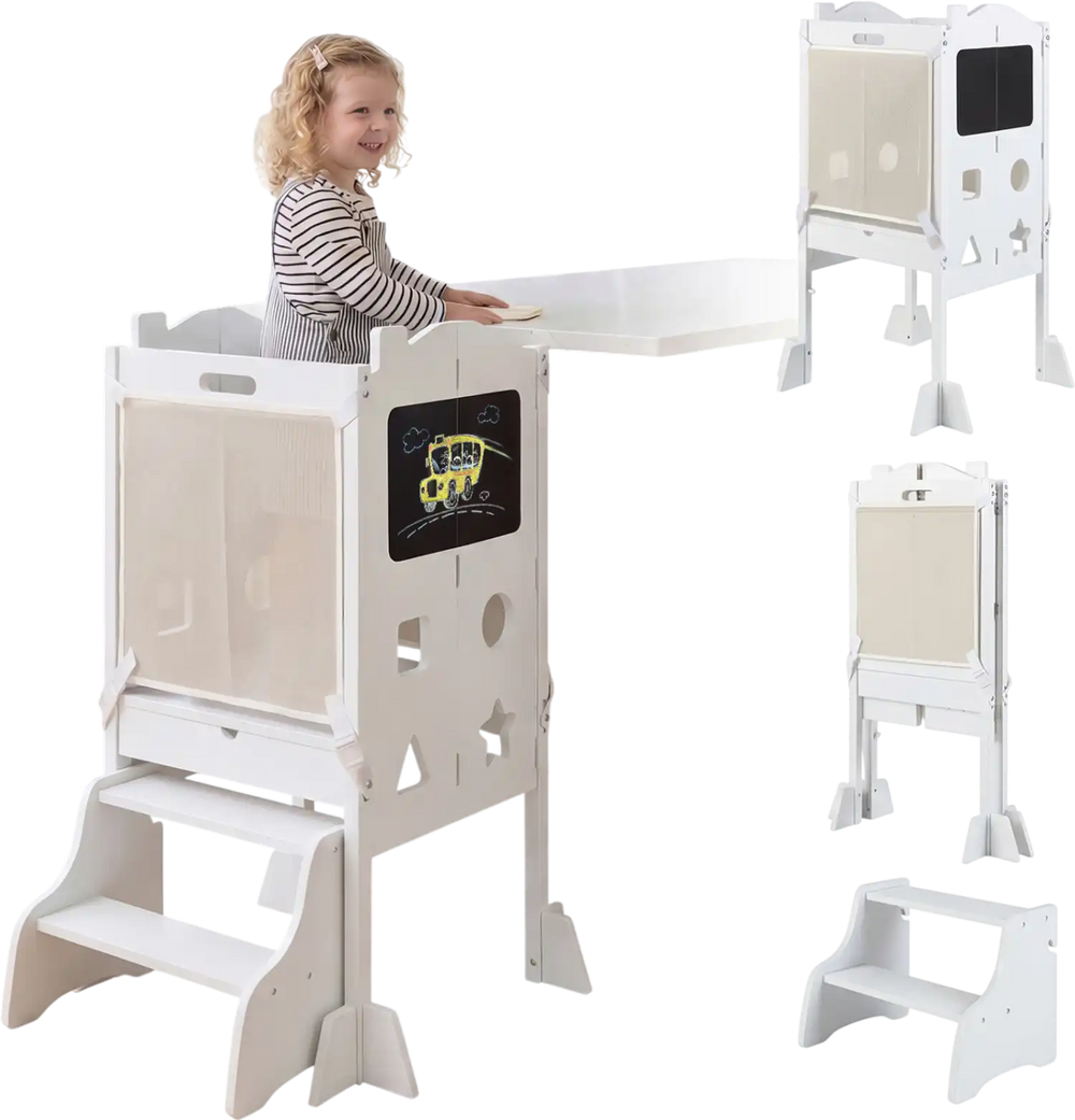 Foldable toddler step stool in white with chalkboards, designed for safe use and creative fun in the kitchen.