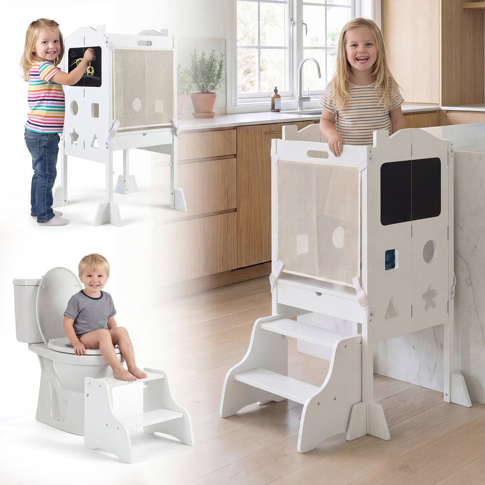 Foldable toddler step stool in white with chalkboards, perfect for kids to reach heights safely and creatively.